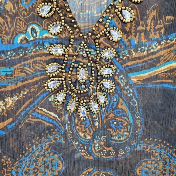 Venus Dress Sheer Peasant Resort Beaded V Mini Tunic Kaftan Paisley Brown Sz S/M - Picture 7 of 14
